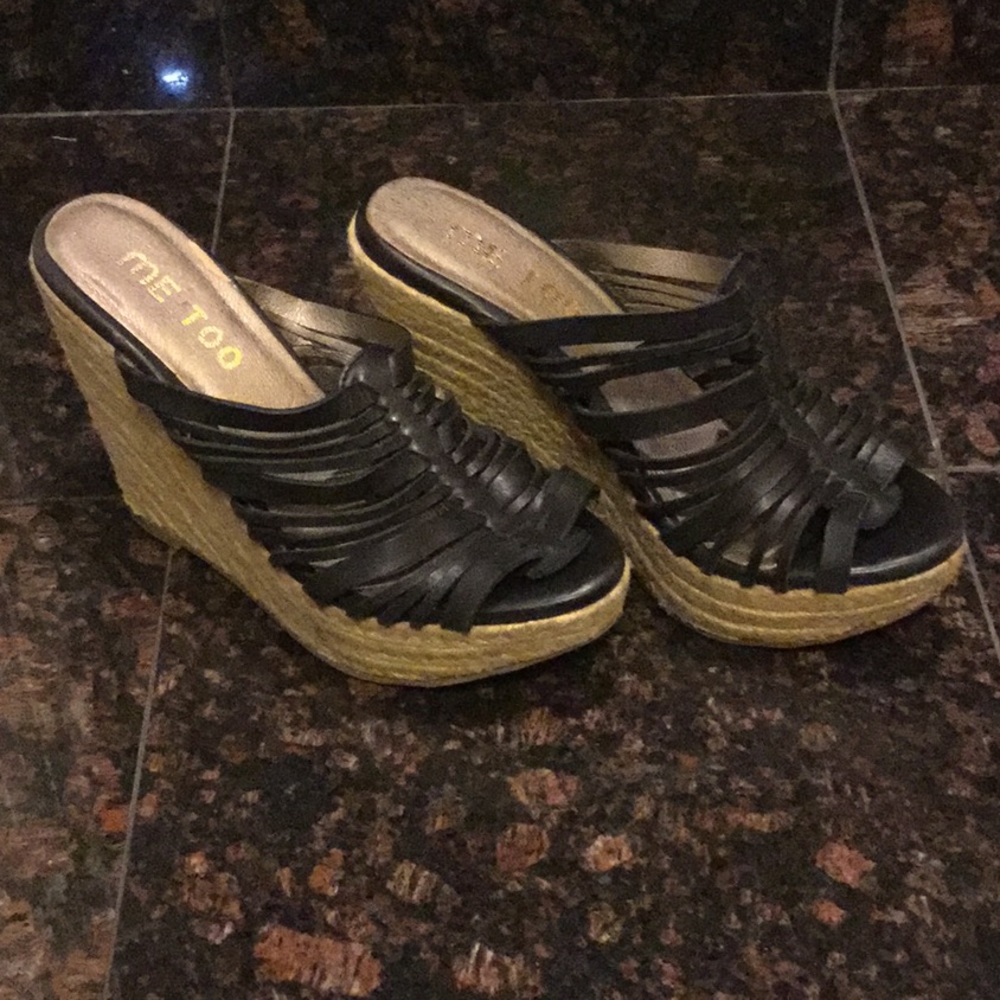 Black Leather Espadrille Wedges